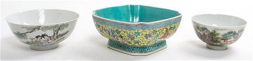 A Group of Three Famille Rose Porcelain Bowls Length 8 1/2 inches.