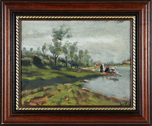 CLEANING WOMAN ON THE RIVERSIDE OIL PAINTING