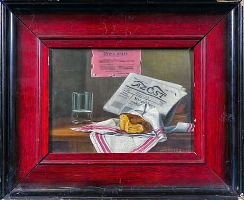 STILL-LIFE WITH HUGARIAN NEWSPAPERS OIL PAINTING