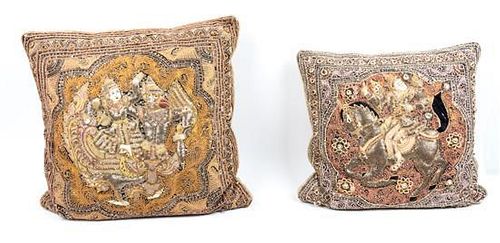 A Pair of Indian Embroidered Pillows Width 19 inches.
