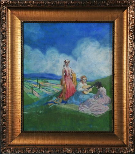 THREE LADIES ON A HILL PASTELL