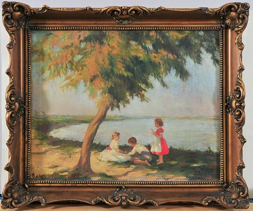 PLAYING CHILDREN AT THE RIVERBANK OIL PAINTING