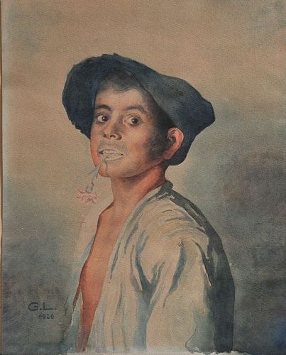 YOUNG BOY WITH A FLOWER IN HIS MOUTH, WATERCOLOUR