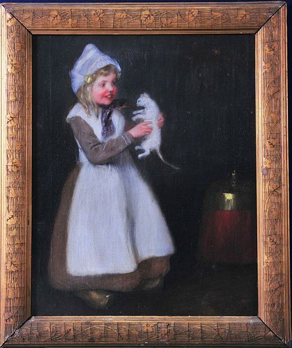 LITTLE GIRL PLAYING WITH A CAT OIL PAINTING