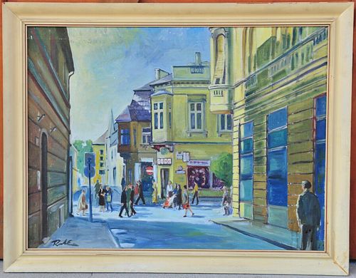 STREET VIEW OF A HUNGARIAN CITY OIL PAINTING