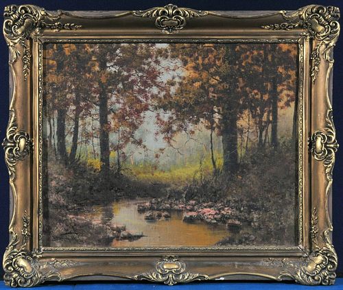 PAINTING OF A RIVER CUTTING THROUGH A FOREST OIL PAINTING