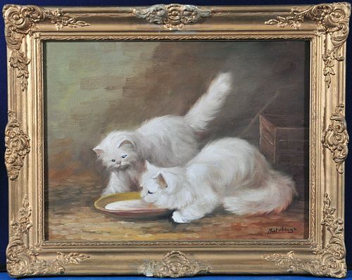 PAINTING OF TWO CATS DRINKING MILK FROM A BOWL OIL PAINTING