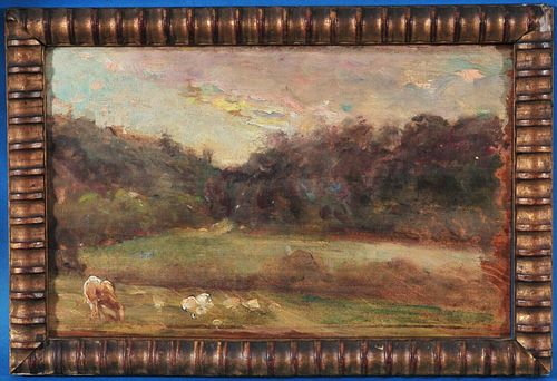 LANDSCAPE OF FEEDING COWS ON A FILED OIL PAINTING