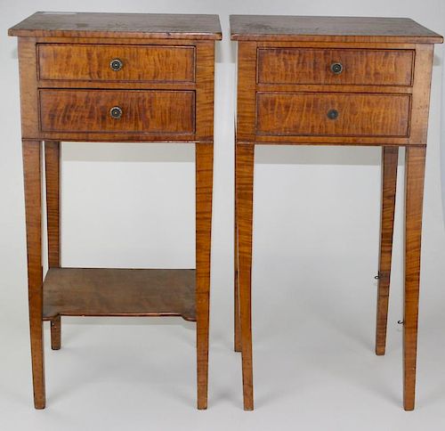 pr of 19th c Hepplewhite curly maple 2 drawer stands, one missing lower shelf. 14"w top 28"h.