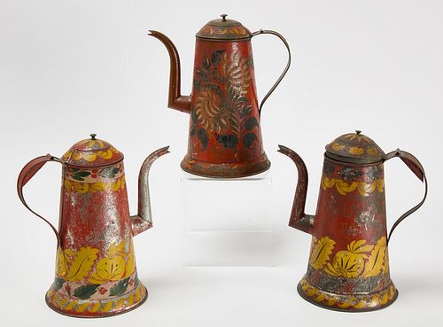 Three Decorated Tole Coffee Pots