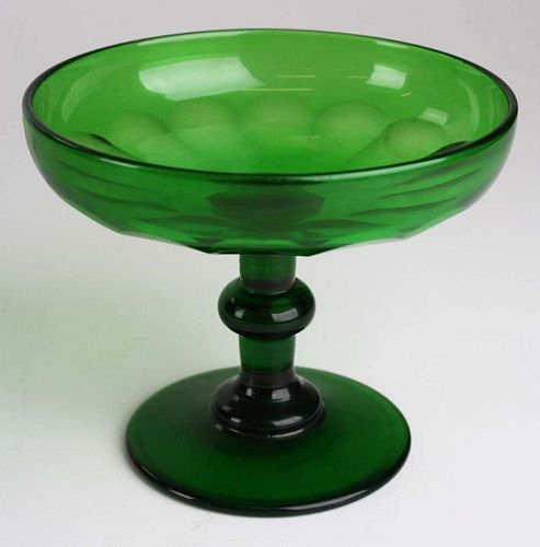early 19th c emerald green blown glass tazza with applied stem, cut sides, ground pontil base, ht 4