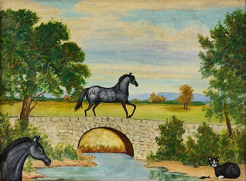 Folk Art Landscape with Horses and Cat