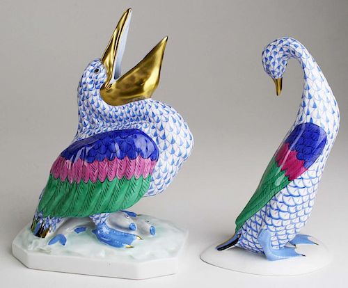 two large Herend porcelain blue fishnet dec animal figures, “Pelican with Fish" and "The Goose That