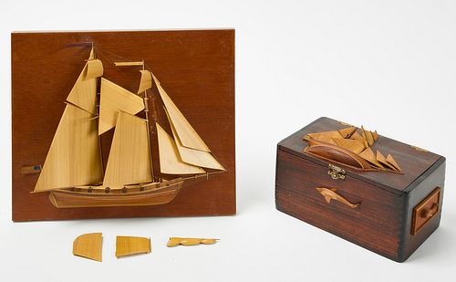 Wooden Ship Plaque and Box with Ship