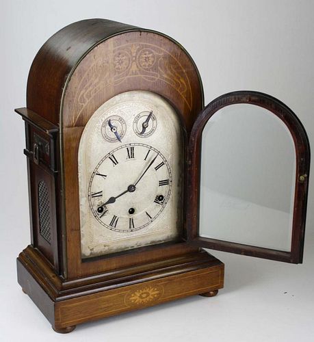 mid 20th c parquetry inlaid brass works chime & strike shelf clock, ht 18”mid 20th c parquetry inlai
