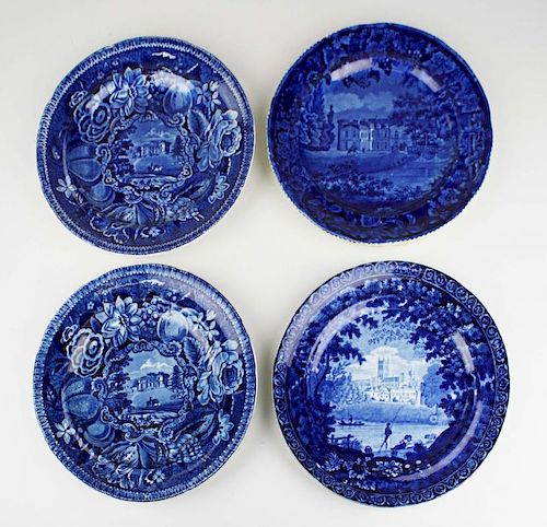 four deep blue Staffordshire porcelain plates with transfer dec views of English manorial homes by C