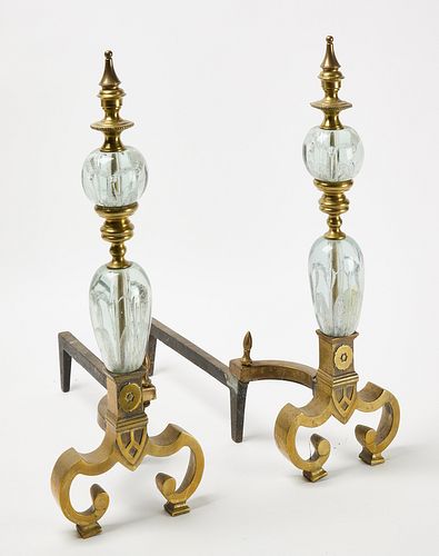 Pair of Brass and Crystal Andirons