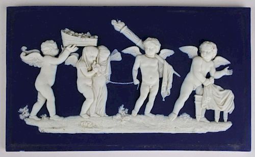 Wedgwood dark blue Jasperware bas relief plaque of  cherub frieze 5.5" x 9.25"