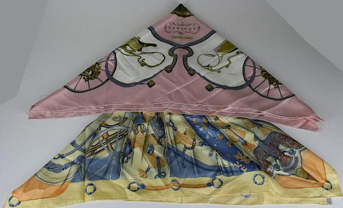 Hermes “Soleil de Soie” silk scarf, sold with another Hermes “Springs” silk scarf, 2 pcs, each 34” x