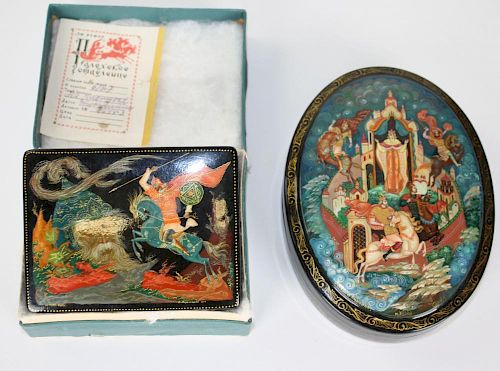 2 Russian palekh lacquered boxes- Ruslan & the Head (from Pushkin) signed & dated 1973 rectangular b