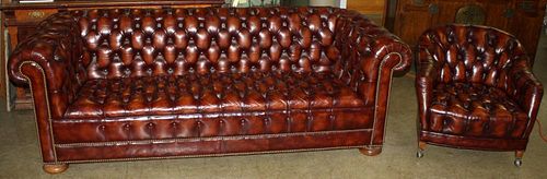 Matching Hickory Chair Co.  Mahogany tufted leather sofa and chair. 90"l