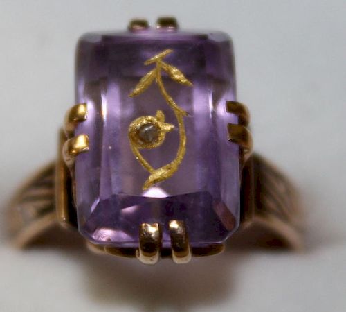 Fine Victorian yellow gold ring having stepped emerald cut amethyst 15mm x 10mm x 7mm engraved with