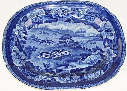 Deep Blue Staffordshire porcelain platter with transfer dec English fox hunt scene and bird dec bord