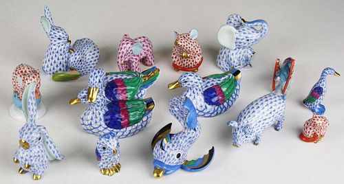 collection of 14 small Herend blue, rust, and raspberry fishnet porcelain animal figures 1.5"-4"