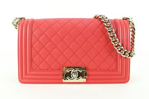 CHANEL RED QUILTED CAVIAR LEATHER MEDIUM BOY BAG GHW