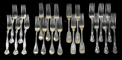 22 heavy sterling dinner forks- Gorham, Stebbins & Co, 4 patterns, length 7.5”, 52 troy ozs