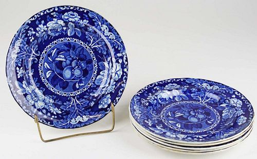 set of 6  deep blue Stafforshire porcelain luncheon plates w/ transfer dec fruit and acanthus border