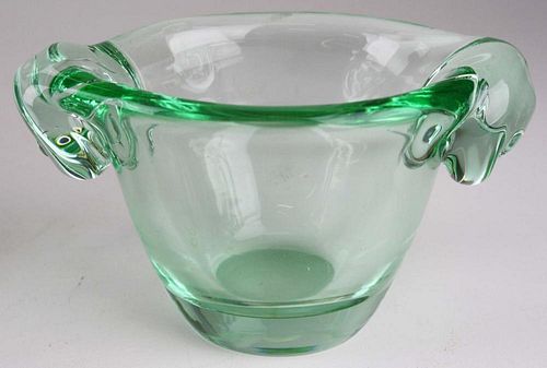 signed Daum France pale green knob handled art glass bowl 4" x 7"