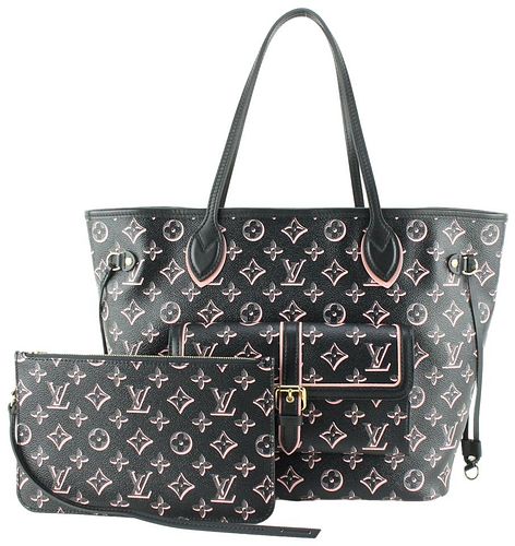 LOUIS VUITTON BLACK X PINK MONOGRAM FALL FOR YOU NEVERFULL MM TOTE W POUCH