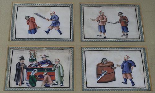 8 Chinese w/c's on rice paper depicting imprisonment & punishment, 3” x 4”,12” x 14” in 2 gilt frame