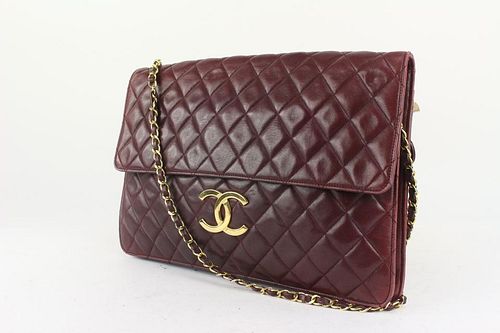 CHANEL XL BURGUNDY QUILTED LAMBSKIN SINGFLE FLAP SHOULDER BAG