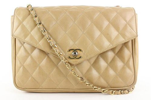 CHANEL NUDE BEIGE QUILTED LAMBSKIN LARGE FLAP BAG