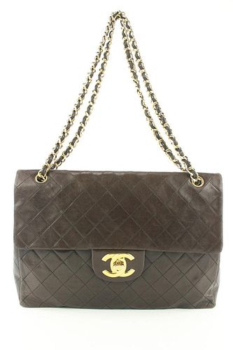 CHANEL XL QUILTED DARK BROWN MAXI CLASSIC FLAP GOLD CHAIN BAG