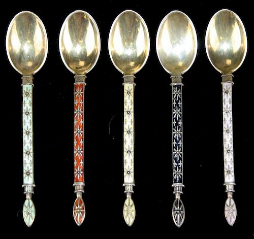 Jacob Tostrup of Norway gold washed sterling enamel demitasse spoons with star pattern. 3_"l. 5 pcs.