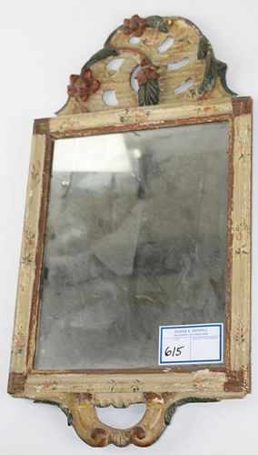 18th c Queen Anne courting mirror, carved floral and paint decorated. Old repair. 18¾"