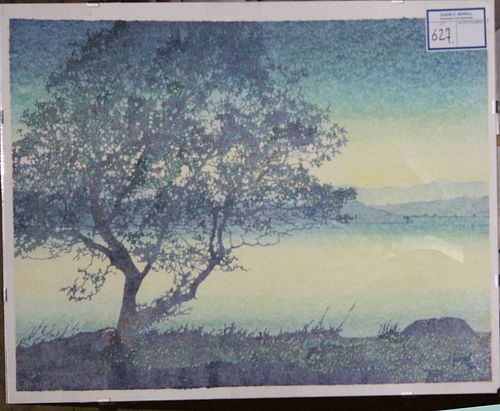 20th c American school lithograph of Tree on a Lake signed Yariman 1988 12 x 20"
