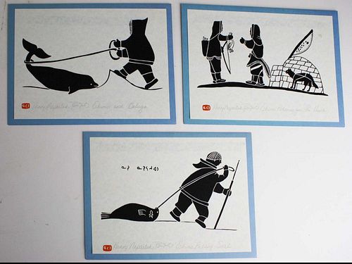 3 Inuit prints by Henri Napartuk (Canadian Inuit 1932- 1985), 6.5” x 9.5” mtd on cards w/ letterhead
