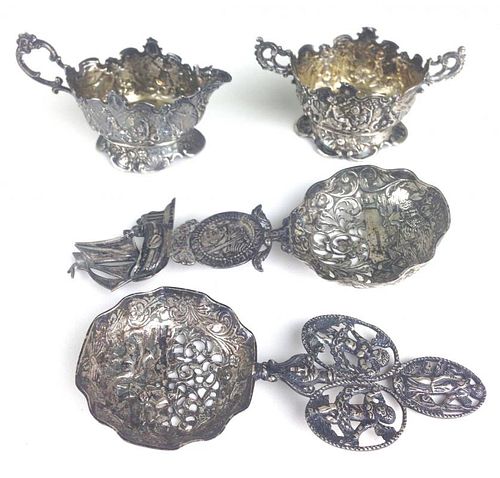 4 pc Continental silver repousse & figural openwork small creamer, sugar, & 2 spoons, 6 troy ozs