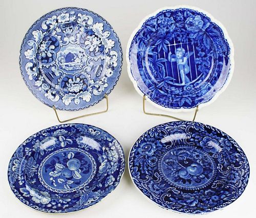 five assorted deep blue Staffordshire floral and cherub transfer dec dinner plates incl. Wood, Steve