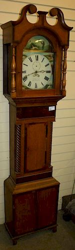 Grandfather clock, Chippendale oak and banded mahogany, arch broken top, painted iron dial with bird