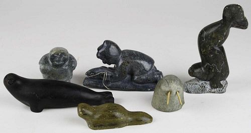 6 Inuit soapstone carvings of seals, hunters, walrus, hts 2” to 6”