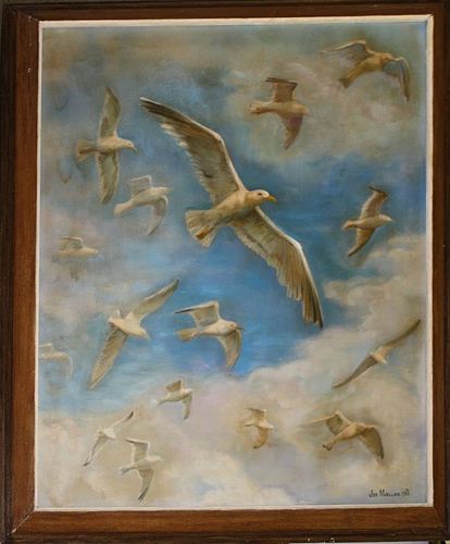 Joseph Mueller (American 1924-2007) Sea gulls  on the wing  o/c  40 x 30"