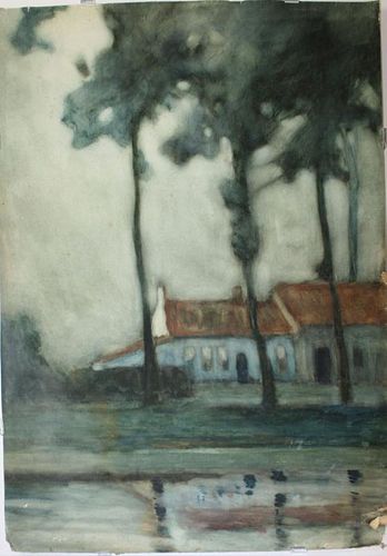 20th c French School gouache and wc on board impressionist view of home with trees, unsigned 29 x 21