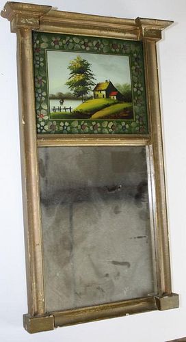 Sheraton split panel mirror with Hudson River School scene, 19.5” x 12”