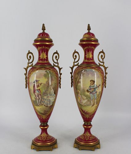 A Pair Of Sevres Hand Painted Bronze Mounted