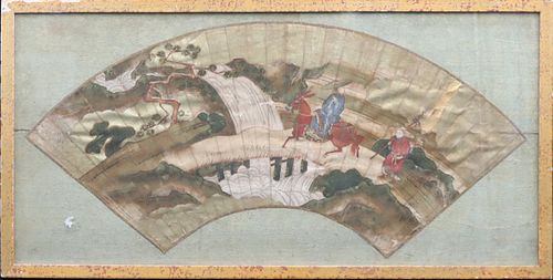 Chinese Fan Painting of Figures on a Bridge.